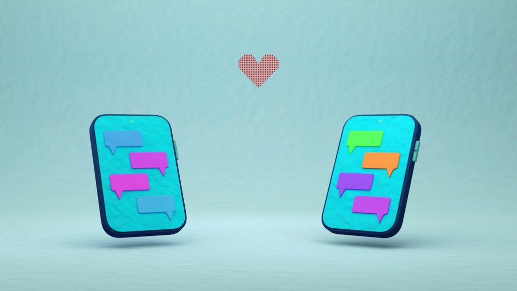 Two smartphones with chat bubbles and a red heart between them, illustrating online dating conversations